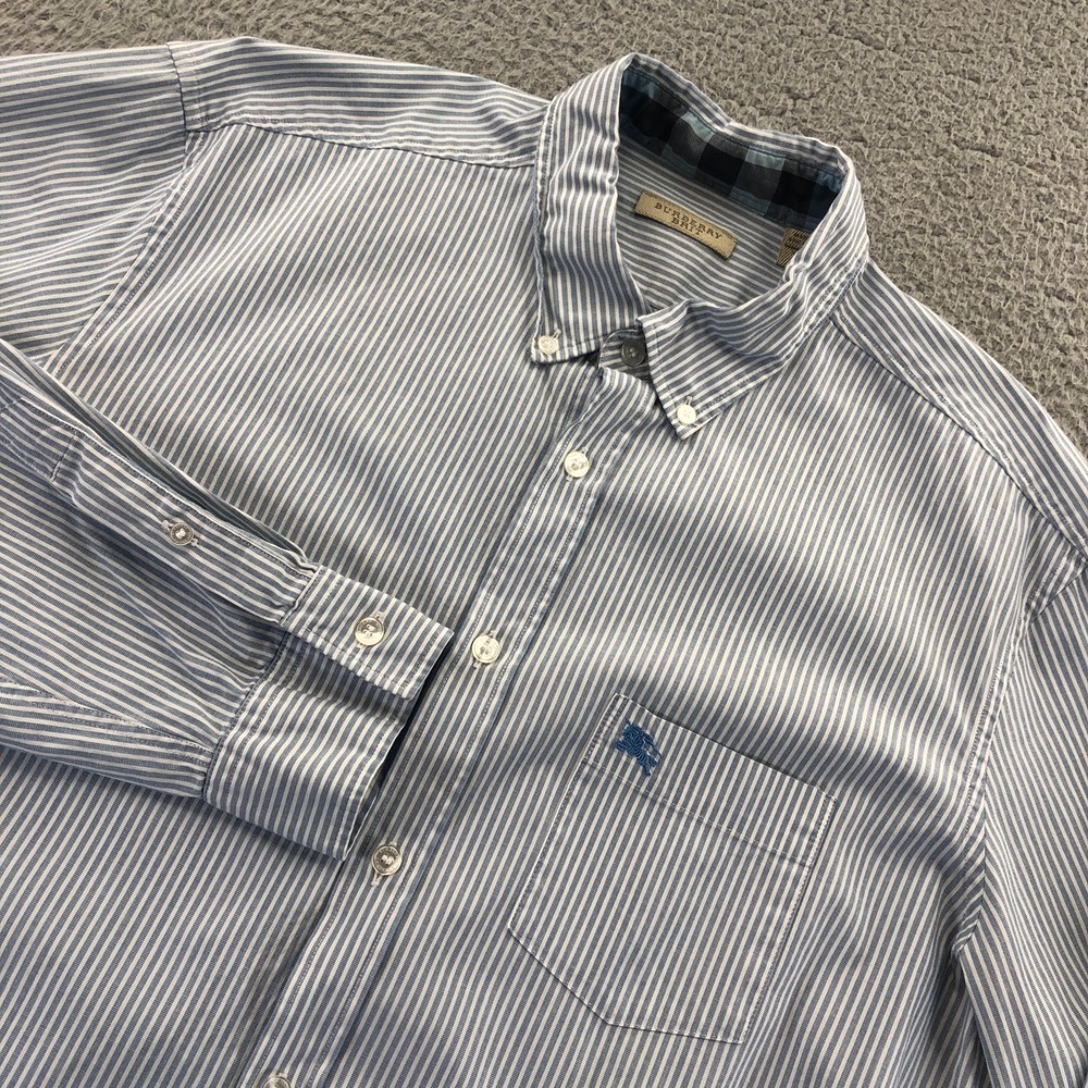 Vintage Burberry Brit Shirt Mens Extra Large Blue White Nova Check Stripe Woven